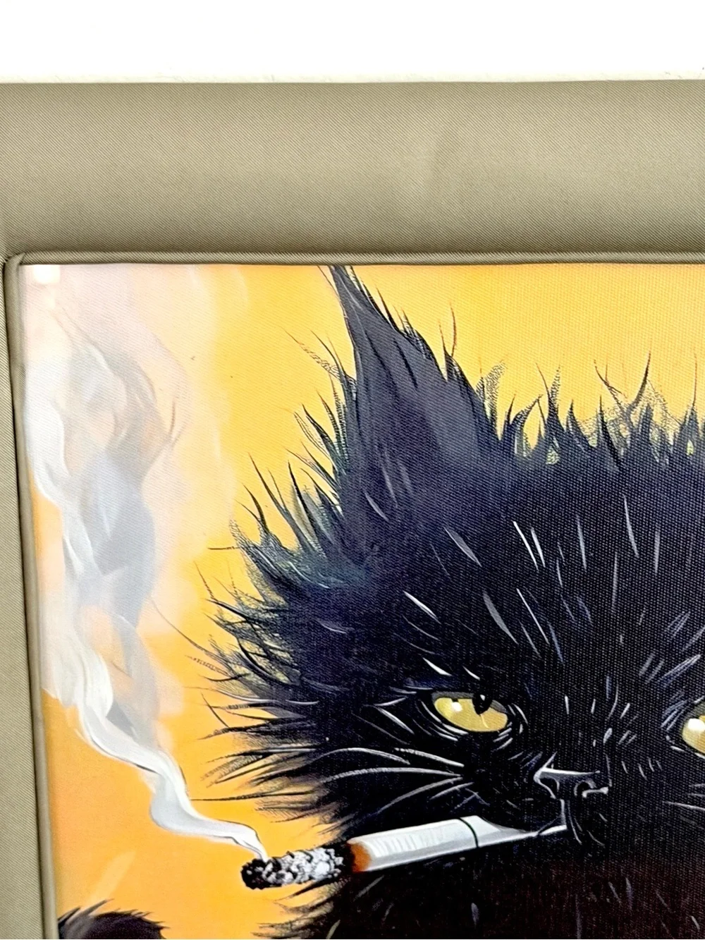 Disheveled Black Cat Smoking a Cigarette Olive Fabric Framed Canvas Art Print